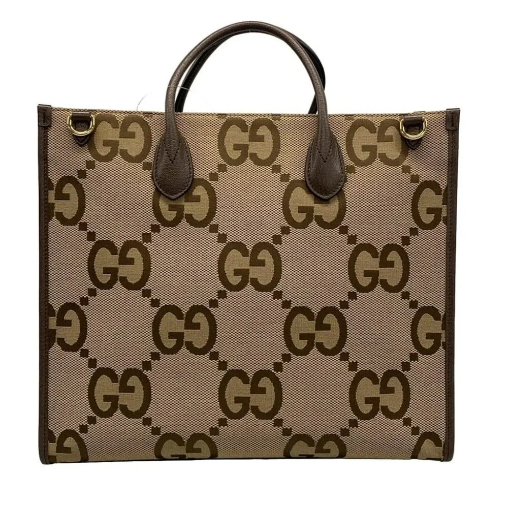 GUCCI JumboGG Tote Bag Beige Dark Brown Jacquard Leather Jumbo GG Canvas - Picture 2 of 15